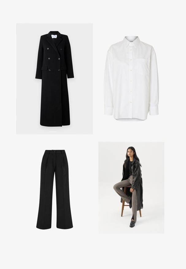 Samsøe Samsøe COAT MAXI - Klassischer Mantel - black; Weißes Langarmhemd mit Knopfleiste, spitzem Kragen und Brusttasche, vor einfarbigem Hintergrund gezeigt.; Schwarze, hoch taillierte, weit geschnittene Hose mit vorderen Falten, Gürtelschlaufen und Knopfverschluss am Bund.; Schwarzer Leder-Trenchcoat mit Knöpfen und Gürtel-Detail, kombiniert mit hellbraunen, taillierten Hosen und schwarzen Slippern, sitzt auf einem Holzschemel.