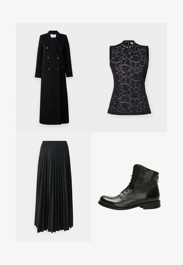 Samsøe Samsøe COAT MAXI - Abrigo clásico - black; Top negro sin mangas de encaje con patrón floral, cuello alto y cierre trasero con abertura en forma de gota, silueta ajustada sobre fondo liso.; Falda maxi negra con pliegues y cinturilla elástica ancha. Fabricada con un tejido suave y fluido, presenta pliegues verticales para añadir textura.; Botas de tobillo de cuero negro con un acabado suave, puntera redonda, cordones en la parte frontal y cremallera lateral. Suela plana y acentos de diseño minimalista.