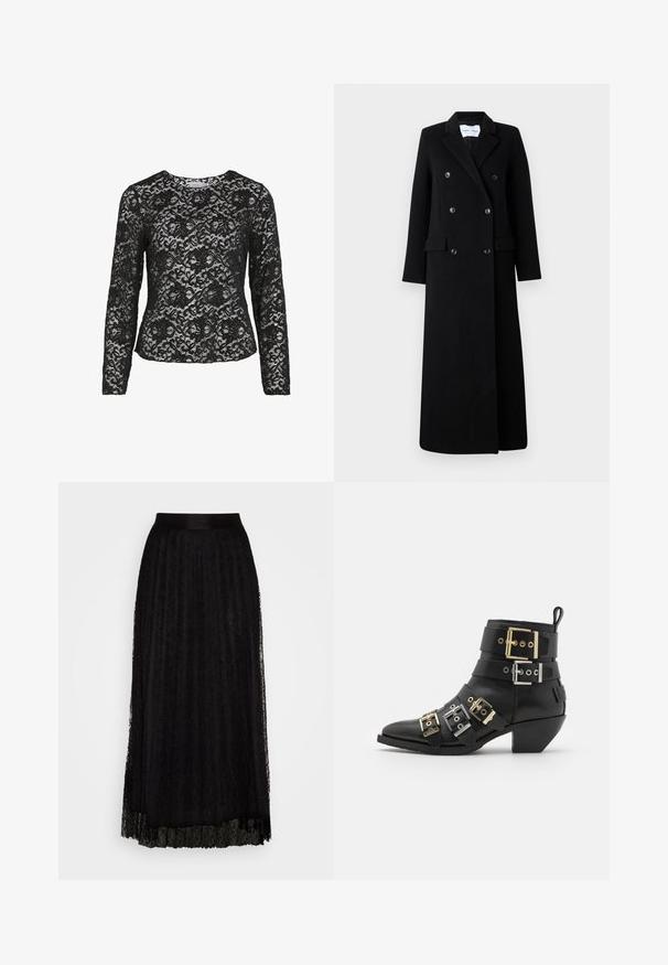 Samsøe Samsøe COAT MAXI - Klasický kabát - black; Čierna čipkovaná blúzka s dlhými rukávmi. Kvetinový vzor, textúrovaný dizajn, okrúhly výstrih a priesvitná látka. Strihaný strih, elegantný vzhľad.; Čierna maxi sukňa vyrobená z čipky s textúrovaným vzorom, s hladkým pásom a vrstveným, splývavým dizajnom.; Čierne kožené členkové topánky s špicatou špičkou, s viacerými popruhmi ozdobenými zlatými a striebornými prackami. Dizajn na blokovom podpätku.