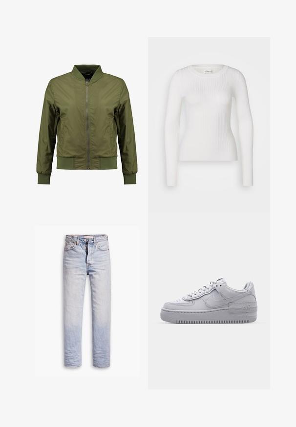 Ελαφρώς πράσινο bomber jacket με φερμουάρ μπροστά, ριπ κοψίματα στον λαιμό, μανίκια και στρίφωμα, με υφασμάτινες πλευρικές λεπτομέρειες για πρόσθετο στυλ.; Λευκό μακρυμάνικο ριπ κορμάκι με στρογγυλή λαιμόκοψη. Το ύφασμα είναι απαλό, με λεπτή υφή και εφαρμοστό σχέδιο. Δεν υπάρχουν ορατά μεταλλικά στοιχεία ή σχέδια.; Ανοιχτό μπλε τζιν παντελόνι με κατευθείαν γραμμή, που διαθέτει κουμπί στη ζώνη, πέντε τσέπες και διακριτική φθορά κατά μήκος των ποδιών.; Γκρι Nike Air Force 1 αθλητικό παπούτσι με πορώδη μύτη, λεία δερμάτινη επάνω επιφάνεια, χοντρή σόλα και ανάγλυφη λεπτομέρεια 'AIR' στην φτέρνα.