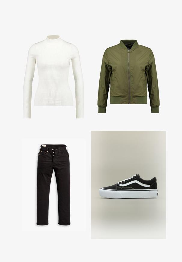 Ελαφρώς πράσινο bomber jacket με φερμουάρ μπροστά, ριπ κοψίματα στον λαιμό, μανίκια και στρίφωμα, με υφασμάτινες πλευρικές λεπτομέρειες για πρόσθετο στυλ.; Ριγέ λευκή μακριά μπλούζα με τσέπη και λείο υλικό, με ψηλή λαιμόκοψη και λεπτή σιλουέτα.; Μαύρα ψηλόμεσα τζιν παντελόνια με κουμπιά, μπροστινές και πίσω τσέπες, και λεπτομέρειες από χαλκό σε λευκό φόντο.; Μαύρο αθλητικό παπούτσι χαμηλού τύπου με λευκή πλευρική ρίγα, λευκά κορδόνια, λευκή λαστιχένια σόλα και υφασμένη μύτη σε ουδέτερο φόντο.