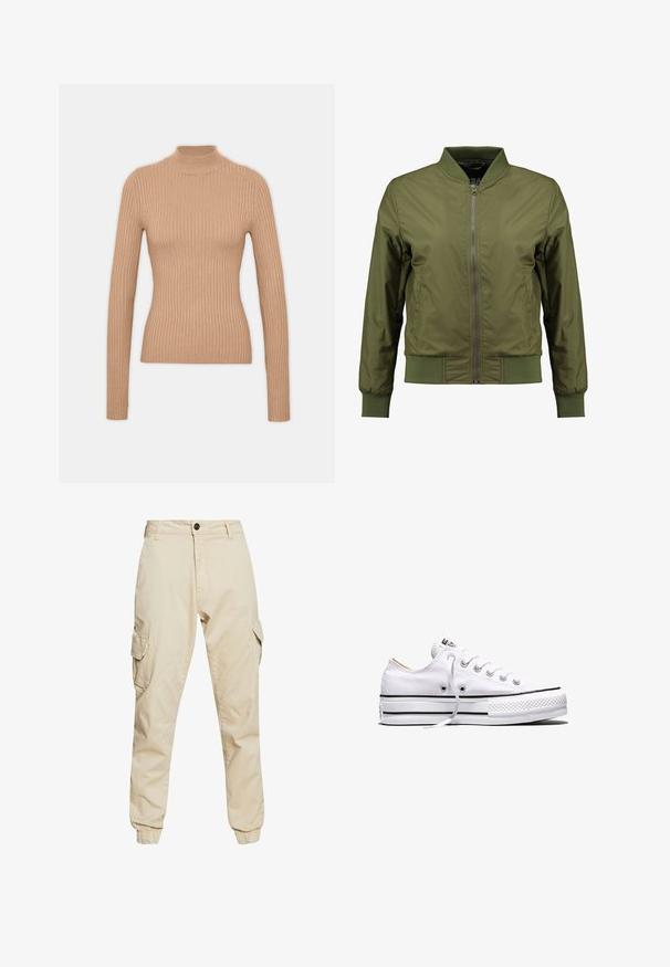 Ελαφρώς πράσινο bomber jacket με φερμουάρ μπροστά, ριπ κοψίματα στον λαιμό, μανίκια και στρίφωμα, με υφασμάτινες πλευρικές λεπτομέρειες για πρόσθετο στυλ.; Μπεζ ριμπ ζιβάγκο με μακριά μανίκια, εφαρμοστή γραμμή, μαλακή υφή και ψηλό γιακά.; Μπεζ παντελόνια cargo με κλασική εφαρμογή, διαθέτοντας δύο πλάγιες τσέπες, ελαστικές μανσέτες και μαλακό βαμβακερό ύφασμα με λεία υφή.; Λευκό αθλητικό παπούτσι καμβά με χαμηλή κορυφή, λευκά κορδόνια, μαύρες ρίγες στη σόλα και λαστιχένιο σχέδιο στα δάχτυλα, πλάγια όψη σε λευκό φόντο.