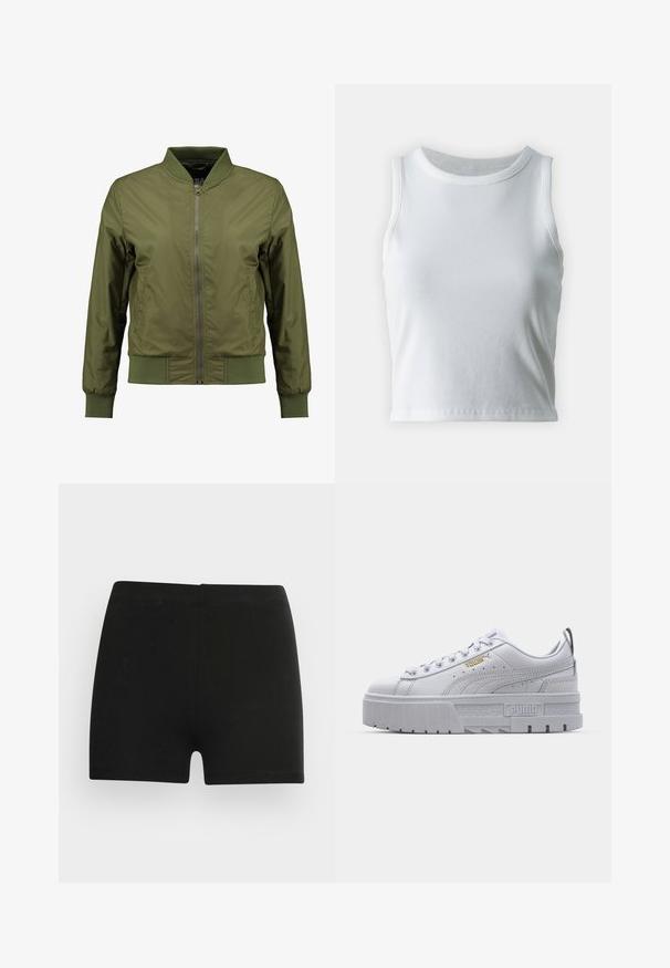 Olivengrøn bomberjakke med frontlynlås, ribbede kanter ved halsen, ærmerne og nederste kant samt strukturerede sidelapper for ekstra detaljer.; Hvid ribbet tanktop med rund halsudskæring og ærmeløs design, med en lige kant og en glat, strækbar tekstur.; Sorte bomulds shorts med et tætsiddende design og elastisk talje. Glat tekstur, længde til midt på låret, og uden synlige mønstre eller accenter.; Hvide platform sneakers med en glat læderoverdel, polstret krave, grå gummisål og gyldne detaljer med Puma-logoet.