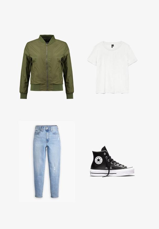 Chaqueta bomber de color verde oliva con cierre frontal de cremallera, cuello, puños y dobladillo de canalé, y paneles laterales texturizados para un detalle adicional.; Camiseta blanca de manga corta con un cuello redondo, hecha de tejido ligero. Diseño simple, textura suave y dobladillo recto.; Jeans de tiro alto azul claro hechos de denim, con pierna recta, un ligero desgaste y una pequeña área desgastada en el muslo derecho.; Zapatilla Converse Chuck Taylor All Star negra de caña alta con suela de goma blanca y parche con el logo en el tobillo, mostrada sobre un fondo blanco.