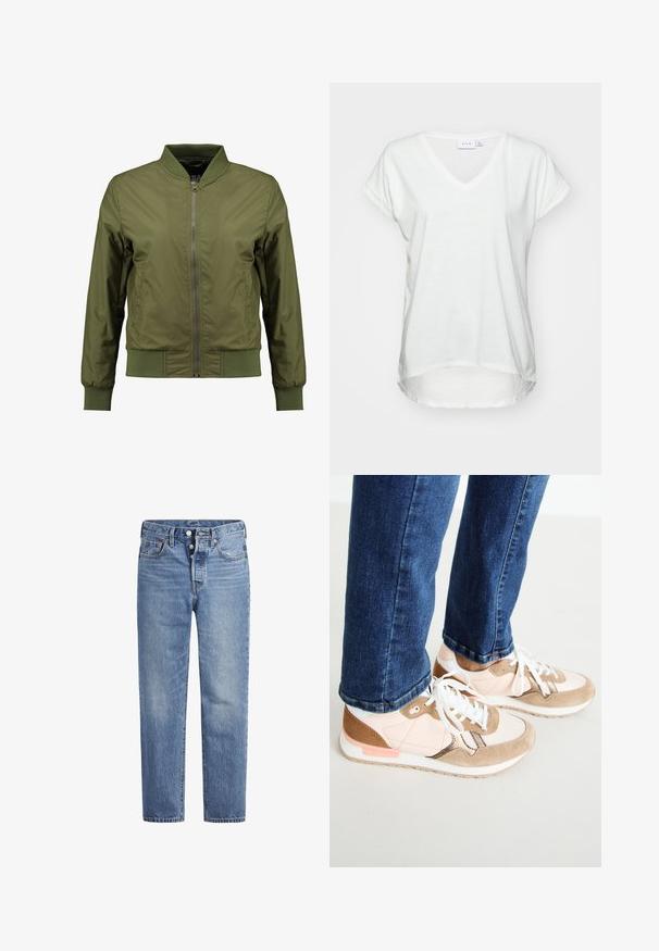 Chaqueta bomber de color verde oliva con cierre frontal de cremallera, cuello, puños y dobladillo de canalé, y paneles laterales texturizados para un detalle adicional.; Camiseta de cuello en V y manga corta en suave tejido blanco. Presenta un corte holgado y un dobladillo redondeado, con un respaldo ligeramente más largo.; Jeans de mezclilla azul claros con corte recto, diseño de cinco bolsillos y cierre de botón. Presentan un ligero desvanecimiento y acentos de costura en naranja.; Zapatillas con una mezcla de piel en color rosa empolvado y ante beige, con cordones blancos, una entresuela blanca y una suela de goma texturizada. Jeans de mezclilla ligeramente recortados por encima del zapato.