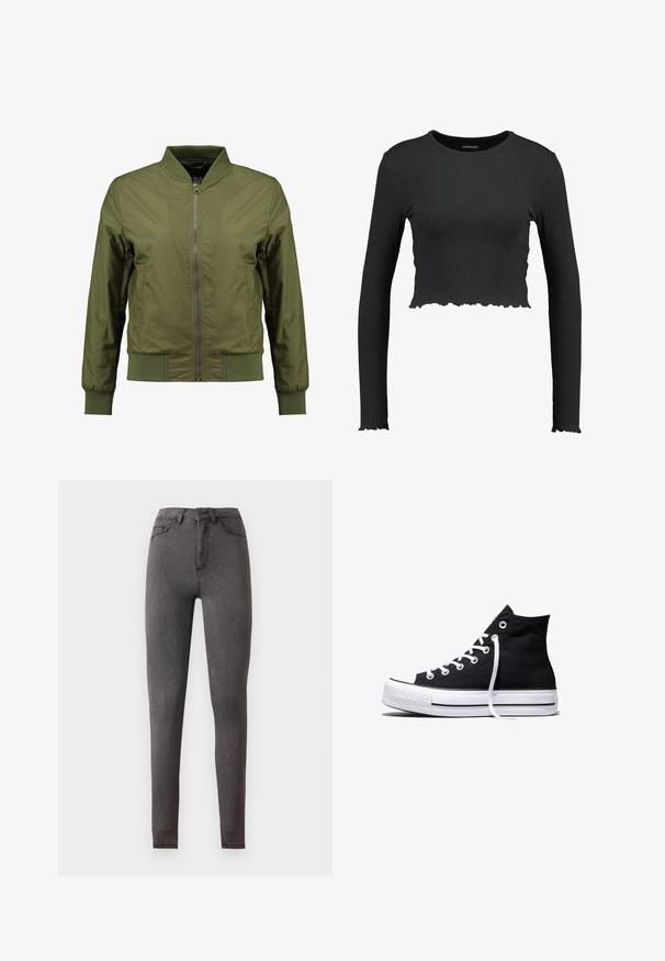 Ελαφρώς πράσινο bomber jacket με φερμουάρ μπροστά, ριπ κοψίματα στον λαιμό, μανίκια και στρίφωμα, με υφασμάτινες πλευρικές λεπτομέρειες για πρόσθετο στυλ.; Μαύρο ριχτό μακρυμάνικο cropped top με στρογγυλή λαιμόκοψη και κυματιστό στρίφωμα. Φτιαγμένο από ελαστικό υλικό για εφαρμοστή εμφάνιση.; Τζιν σε στενή γραμμή, ψηλόμεσο σε σκούρο γκρι με τσέπες μπροστά και πίσω, κλείσιμο με κουμπί και εμφανείς λεπτομέρειες ραφής.; Μαύρο καμβαδένιο αθλητικό παπούτσι ψηλό στον αστράγαλο με λευκή λαστιχένια σόλα και λευκά κορδόνια, απεικονιζόμενο από το πλάι σε λευκό φόντο.