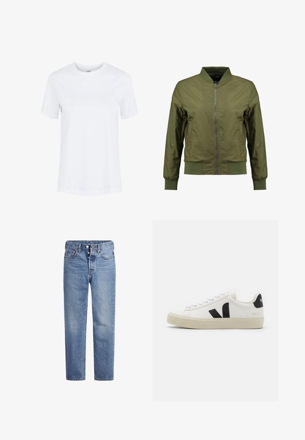 Chaqueta bomber de color verde oliva con cierre frontal de cremallera, cuello, puños y dobladillo de canalé, y paneles laterales texturizados para un detalle adicional.; Camiseta de algodón blanca lisa de manga corta con cuello redondo y dobladillos de las mangas doblados, mostrada sobre un fondo blanco liso.; Jeans de mezclilla azul claros con corte recto, diseño de cinco bolsillos y cierre de botón. Presentan un ligero desvanecimiento y acentos de costura en naranja.; Zapatilla de cuero blanca con logo V de goma negra. Suela texturizada en blanco roto, cordones blancos y detalle en el talón trasero con el nombre de la marca en negro.