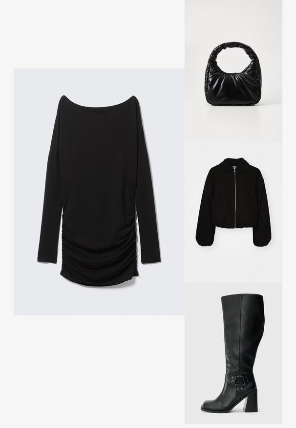 Zwarte cropped jas van een zachte, gestructureerde stof. Heeft een kraag en lange, lichtjes opgeblazen mouwen met een ritssluiting aan de voorkant.; Zwart top met lange mouwen, een off-shoulder halslijn en een geplooid zijdetail. Gemaakt van zachte stof met een gestroomlijnde silhouet.; Kniehoge zwarte leren laarzen met een vierkante neus, brede hak en een decoratieve band met metalen accenten rond de enkel. Gladde textuur.; Zwarte gevoerde handtas met een ronde handgreep, met een gladde, glanzende oppervlakte en een zachte, gewatteerde textuur. Geen zichtbare metalen onderdelen of accenten.