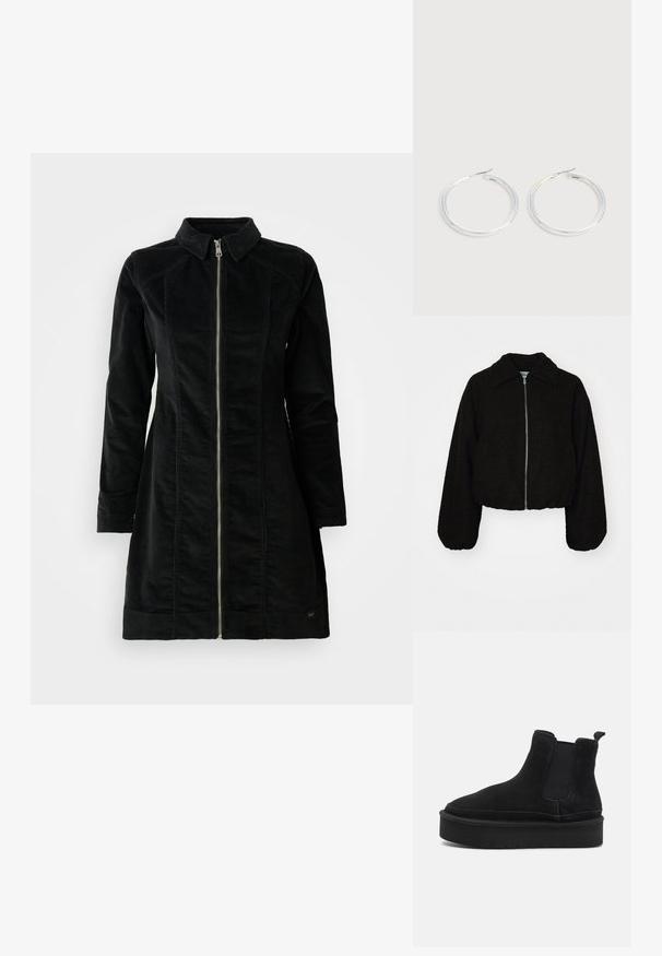 Sort cropped jakke i et blødt, tekstureret stof. Har en krave og lange, let puffede ærmer med en lynlås fortil.; Sort cordjakke med høj krave, lange ærmer og frontlynlås, i lige snit og minimalistisk design.; Sorte ruskind ankelstøvler med elastiske sidepaneler, rund tå og en tyk, struktureret platformsål for ekstra højde.; Par skinnende sølvøreringe med tynde trådlåse, vist på en lys grå baggrund.