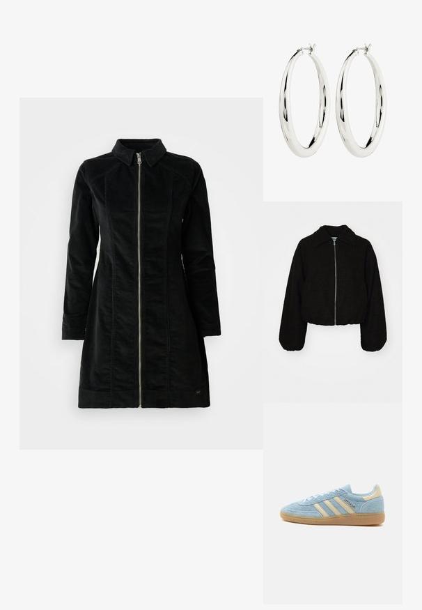 Schwarze, kurz geschnittene Jacke aus einem weichen, strukturierten Stoff. Sie verfügt über einen kragenlosen Hals und lange, leicht gepuffte Ärmel mit einem Reißverschluss vorn.; Schwarze Cordjacke mit hohem Kragen, langen Ärmeln und einem Frontreißverschluss, gerader Schnitt und minimalistisches Design.; Hellblauer Wildleder-Adidas-Sneaker mit beigen Streifen und Fersenlasche, Gummisohle und "SPEZIAL"-Branding an der Seite.; Silberne Creolen mit einer glatten, reflektierenden Oberfläche. Runde, große Form mit einem sicheren Verschluss an der Oberseite. Polierte Oberfläche betont den Glanz.