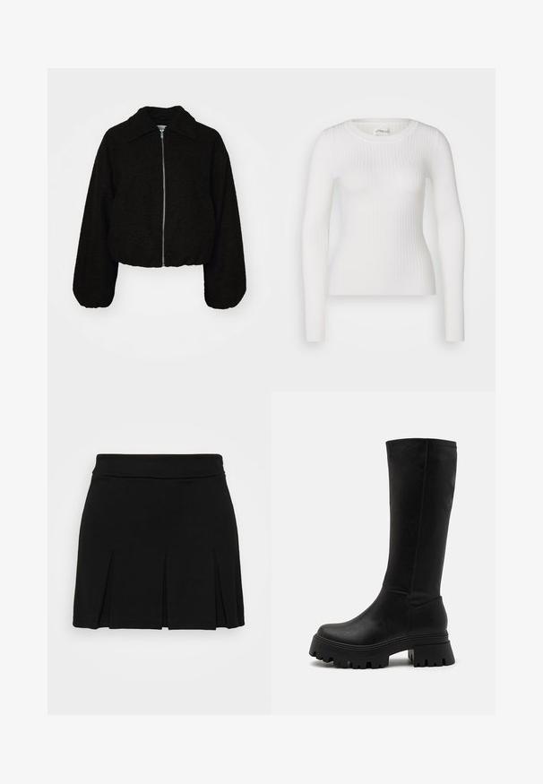 Sort cropped jakke i et blødt, tekstureret stof. Har en krave og lange, let puffede ærmer med en lynlås fortil.; Hvid langærmet ribbet top med en rund halsudskæring. Stoffet er glat og har en subtil tekstur samt en tætsiddende design. Ingen synlige detaljer eller mønstre.; Even&Odd by Zalando Mini skirts - black; Sorte knælange støvler lavet af syntetisk læder, med en chunky gummisål med dybe riller, glat overflade og minimale syninger.