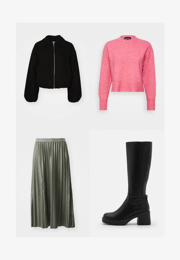 Schwarze, kurz geschnittene Jacke aus einem weichen, strukturierten Stoff. Sie verfügt über einen kragenlosen Hals und lange, leicht gepuffte Ärmel mit einem Reißverschluss vorn.; Rosa, kurz geschnittenes Sweatshirt mit Rundhalsausschnitt, langen Ärmeln, gerippten Bündchen und Saum, präsentiert eine leicht strukturierte Oberfläche. Markenlabel sichtbar.; Faltender Midi-Rock in gedämpftem Grün, aus glänzendem Stoff. Verfügt über einen elastischen Taillenbund und fällt bis zur Wade mit gleichmäßig verteilten vertikalen Falten.; Even&Odd by Zalando Plateaustiefel - black