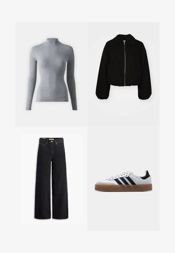 Veste noire courte en tissu doux et texturé. Elle dispose d'un col et de manches longues légèrement bouffantes avec une fermeture éclair à l'avant.; Pull en maille à col roulé gris côtelé avec des manches longues. Présente un design ajusté et un col haut pour plus de chaleur.; Jean noir à jambe large en denim, comportant cinq poches, des rivets en laiton et une fermeture à bouton classique. Texture lisse avec un design épuré.; Baskets en cuir blanc avec des rayures noires, semelle extérieure en caoutchouc beige, bout rond, fermeture lacée et embout en suède gris doux.