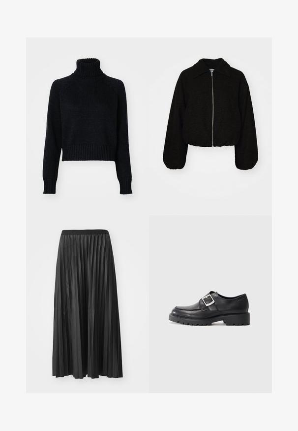 Sort cropped jakke i et blødt, tekstureret stof. Har en krave og lange, let puffede ærmer med en lynlås fortil.; Mørk strikket turtleneck sweater med et cropped design, der har ribbede manchetter og kant, samt en tekstureret vævning gennem hele. ; Sort plisseret maxiskørt med en glat tekstur og elastisk talje, der har lodrette folder som skaber volumen og bevægelse.; Sorte lædersko med en rund tå, der har en sidebuckle-detalje og en tyk, robust sål. Glat tekstur med minimal syning.