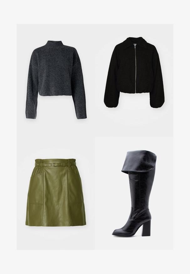Veste noire courte en tissu doux et texturé. Elle dispose d'un col et de manches longues légèrement bouffantes avec une fermeture éclair à l'avant.; Pull court de couleur gris foncé avec un col haut et des manches longues. Fabriqué en tissu tricoté texturé avec un motif subtil.; Jupe en cuir vert olive avec une taille ceinturée, dotée de deux poches avant et d'une texture lisse. Silhouette évasée avec un design moderne.; Botte haute en cuir noir avec talon, bord plié et bout arrondi, debout sur un fond blanc.
