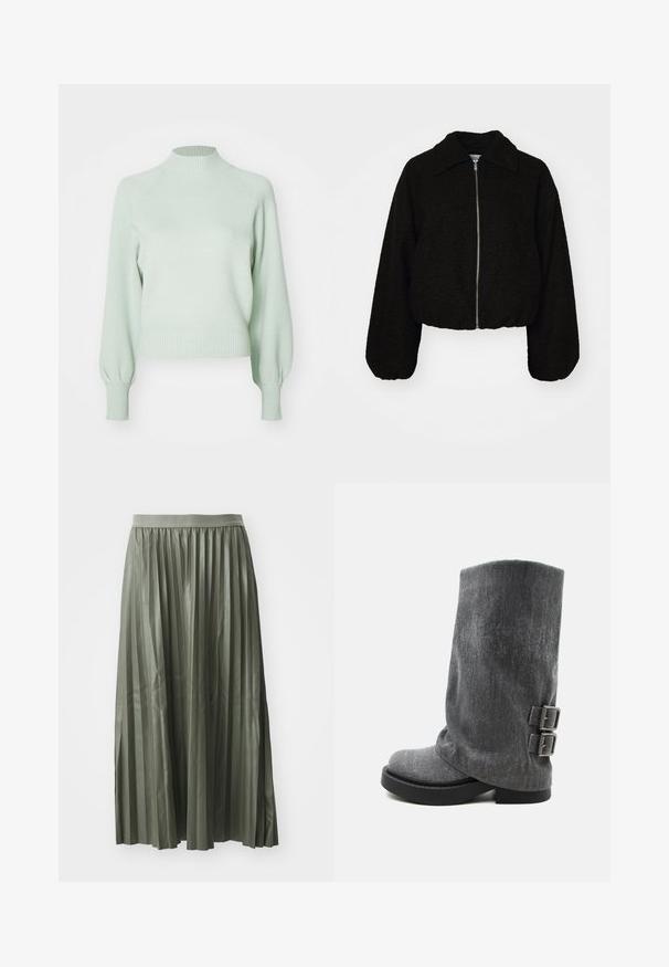 Veste noire courte en tissu doux et texturé. Elle dispose d'un col et de manches longues légèrement bouffantes avec une fermeture éclair à l'avant.; ONLY Knitted ONLFRIDA Knitted - Pullover - aqua gray; Jupe midi plissée en vert doux, réalisée en tissu brillant. Elle possède une taille élastique et tombe au milieu du mollet avec des plis verticaux régulièrement espacés.; Botte grise molle mi-mollet avec semelle noire et deux boucles latérales ajustables, vue de profil sur fond blanc.