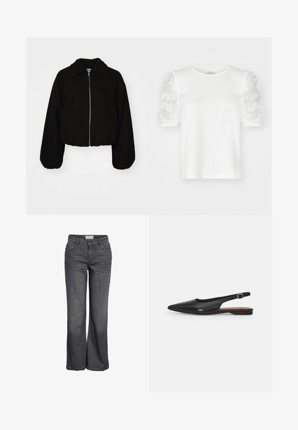 Chaqueta corta negra en un tejido suave y texturizado. Cuenta con cuello con solapa y mangas largas, ligeramente abullonadas, con cierre de cremallera frontal.; Camiseta blanca de manga corta con detalles de aplicación floral en las mangas, con cuello redondo y tela de algodón suave.; Jeans de pierna ancha en denim gris oscuro. Presentan una cintura alta, un diseño tradicional de cinco bolsillos y un dobladillo limpio sin embellishments.; Zapato de cuero negro tipo slingback con punta afilada, ligero brillo y correa ajustable en el tobillo. Tacón plano con plantilla marrón.