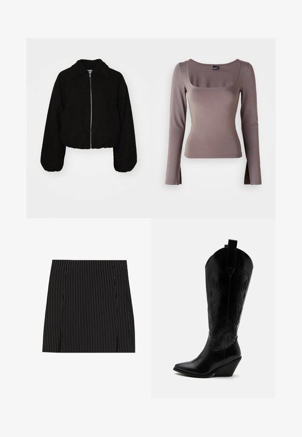 Veste noire courte en tissu doux et texturé. Elle dispose d'un col et de manches longues légèrement bouffantes avec une fermeture éclair à l'avant.; Haut à manches longues en tissu doux marron. Doté d'un décolleté carré et d'un fente sur les côtés à l'ourlet. Texture lisse avec un design ajusté.; Jupe noire avec des rayures verticales blanches, présentant un design droit et de petites fentes sur les côtés à l'ourlet. Texture lisse, coupe ajustée.; Botte de cowboy en cuir noir avec bout pointu, talon bloc incliné, couture décorative et languettes en haut sur fond blanc.
