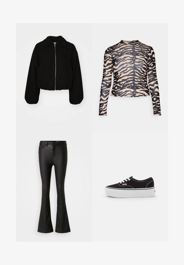 Veste noire courte en tissu doux et texturé. Elle dispose d'un col et de manches longues légèrement bouffantes avec une fermeture éclair à l'avant.; T-shirt à manches longues en tissu lisse avec une base beige et un motif rayé tigre noir, col rond et silhouette ajustée.; Jean évasé noir en tissu brillant et lisse. Comprend une taille haute, des poches avant, et une braguette zippée avec un bouton de fermeture.; Baskets en toile noires avec une semelle en caoutchouc blanc, dotées de lacets et de coutures blanches, marquage emblématique sur le côté, design basse.