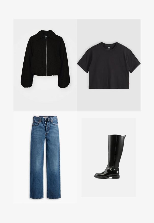 Sort cropped jakke i et blødt, tekstureret stof. Har en krave og lange, let puffede ærmer med en lynlås fortil.; Sort kortærmet t-shirt med rund hals og lille rød Levi's-etiket på sidesømmen, lagt fladt på en lysegrå baggrund.; Blå denim jeans med en vid benstruktur, fem lommer, knaplukning og kontraststing. Strukturstof med en falmet overflade.; Sorte knæhøje støvler lavet af blankt læder med en sølvfarvet spænde ved anklen og rundet snude. Flad sål.