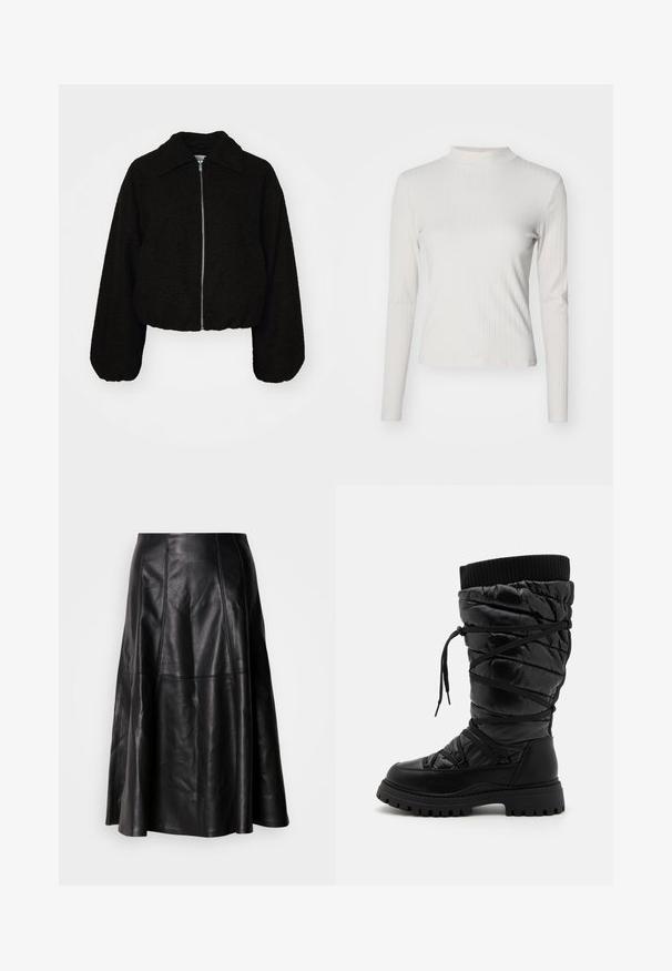 Veste noire courte en tissu doux et texturé. Elle dispose d'un col et de manches longues légèrement bouffantes avec une fermeture éclair à l'avant.; Haut à manches longues beige clair côtelé avec col montant et texture lisse, présentant une coupe ajustée et des accents de design minimalistes.; Jupe en cuir noir avec une silhouette évasée, présentant des coutures visibles et une texture lisse. Conception mi-longue avec une coupe classique.; Bottes noires montantes en cuir avec une texture matelassée, dotées d'un laçage, d'un revers côtelé contrastant en haut et d'une semelle épaisse et robuste.