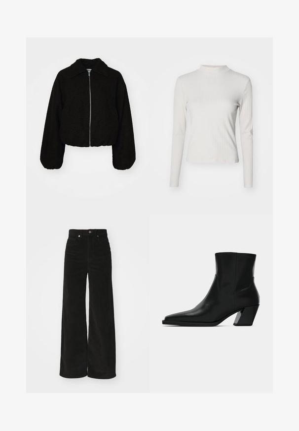 Chaqueta corta negra en un tejido suave y texturizado. Cuenta con cuello con solapa y mangas largas, ligeramente abullonadas, con cierre de cremallera frontal.; Top de manga larga en beige claro con textura acanalada, cuello alto simulado y textura suave, con un corte ajustado y detalles de diseño mínimos.; Pantalones de pana negros de pierna ancha con una cintura alta, que cuentan con dos bolsillos frontales y un cierre de botón metálico. Tejido texturizado con estrías verticales.; Bota de tobillo de cuero negro con punta afilada, una silueta elegante y un tacón cuadrado grueso. Textura suave con detalles de costura mínimos.