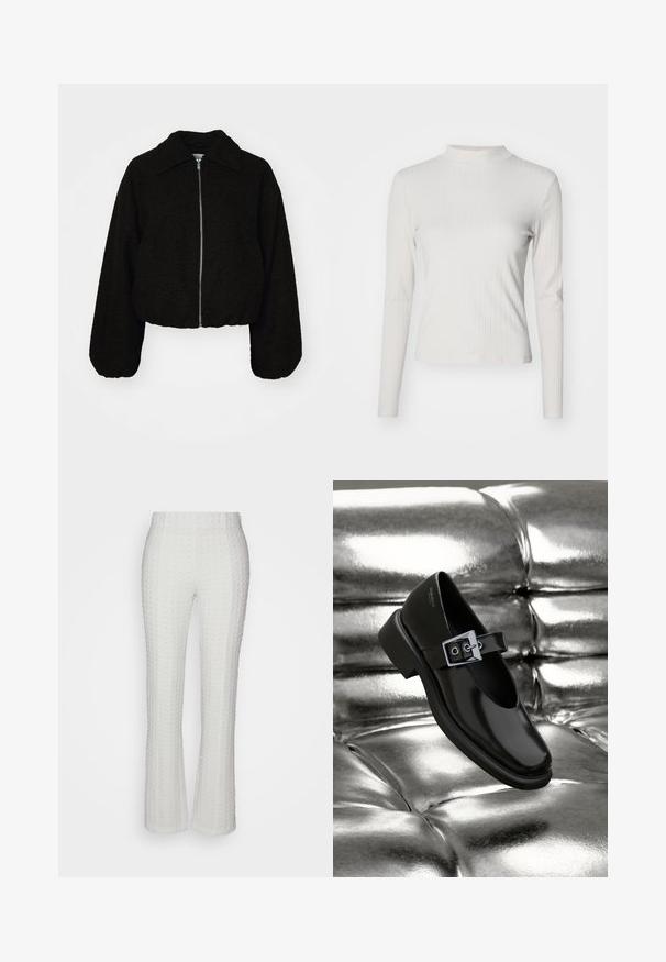 Veste noire courte en tissu doux et texturé. Elle dispose d'un col et de manches longues légèrement bouffantes avec une fermeture éclair à l'avant.; Haut à manches longues beige clair côtelé avec col montant et texture lisse, présentant une coupe ajustée et des accents de design minimalistes.; ONLY ONLZINK FLARED PANT - Pantalon classique - cloud dancer; Chaussure Mary Jane en cuir noir avec un bout carré, un accent de boucle en argent et un talon bas épais, sur un fond argenté brillant.