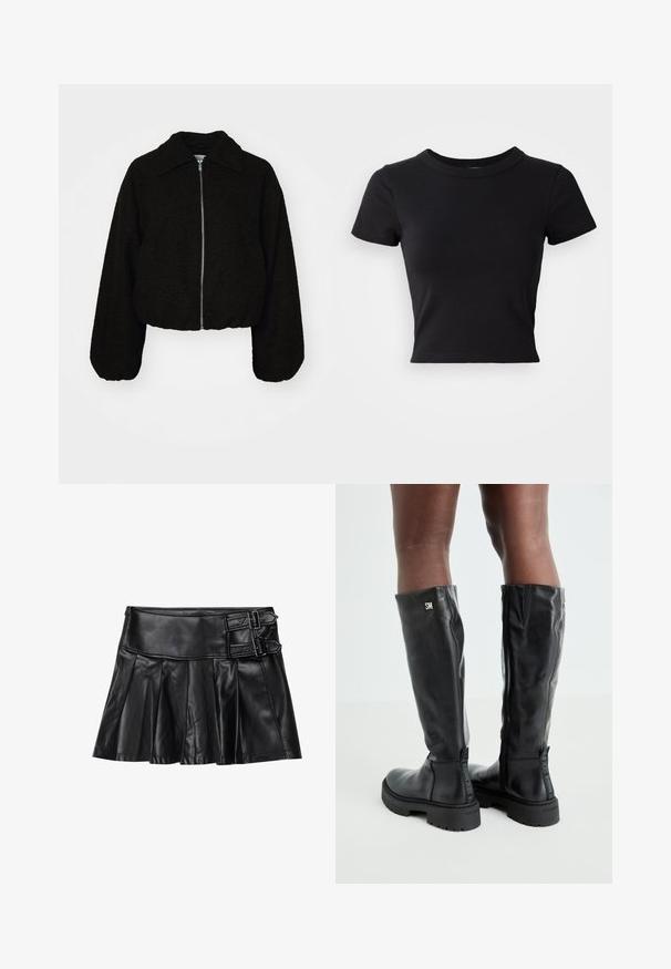 Veste noire courte en tissu doux et texturé. Elle dispose d'un col et de manches longues légèrement bouffantes avec une fermeture éclair à l'avant.; T-shirt noire courte en coton solide, à manches courtes et col rond, avec un design lisse et simple.; Jupe en cuir noir avec des plis, taille large et deux accents à boucle sur le côté. Texture lisse avec une finition brillante.; Bottes noires en cuir montantes jusqu'aux genoux, avec une texture lisse, un bout arrondi, une semelle épaisse et une fermeture éclair. Présente un logo argent sur le côté.