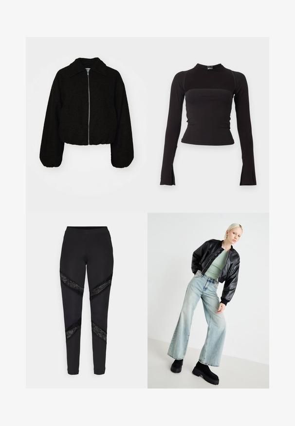 Schwarze, kurz geschnittene Jacke aus einem weichen, strukturierten Stoff. Sie verfügt über einen kragenlosen Hals und lange, leicht gepuffte Ärmel mit einem Reißverschluss vorn.; Schwarzes, eng anliegendes Langarmtop mit Stehkragen und leicht ausgestellten Ärmeln, mit kleinem Etikett am Halsausschnitt.; Schwarze Leggings mit dreieckigen Ausschnitten, die an den Seiten mit schwarzer Spitze akzentuiert sind. Sie bestehen aus einem dehnbaren Stoff mit passgenauer Passform.; Schwarze Leder-Bomberjacke, hellgrünes enges Oberteil, hellblaue weit geschnittene Jeans und klobige schwarze Plateau-Stiefel. Glatte Texturen und kontrastierende Farben.
