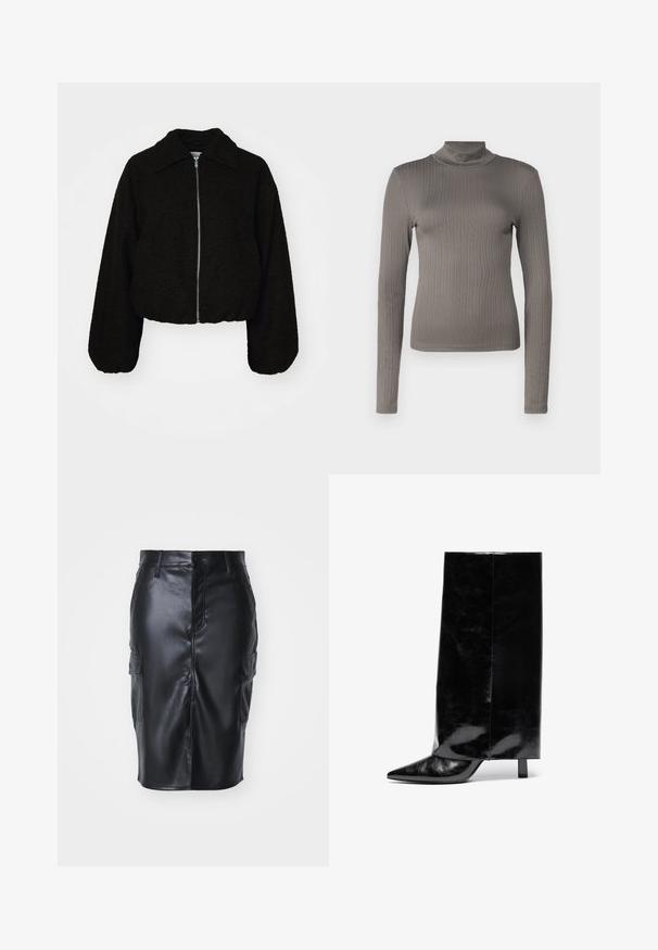 Sort cropped jakke i et blødt, tekstureret stof. Har en krave og lange, let puffede ærmer med en lynlås fortil.; Grå ribbet langærmet turtleneck top med et tætsiddende design og blød tekstur. Har en høj halsudskæring og slank silhuet.; Sort faux læder blyantskirt med en mellemlang design, der har frontknaplukning og to sidelommer med klap. Glat struktur.; Sorte læder ankelstøvler med spids tå og blokhæl, der har en høj, blank skaft og en tekstureret overflade på den nedre del.