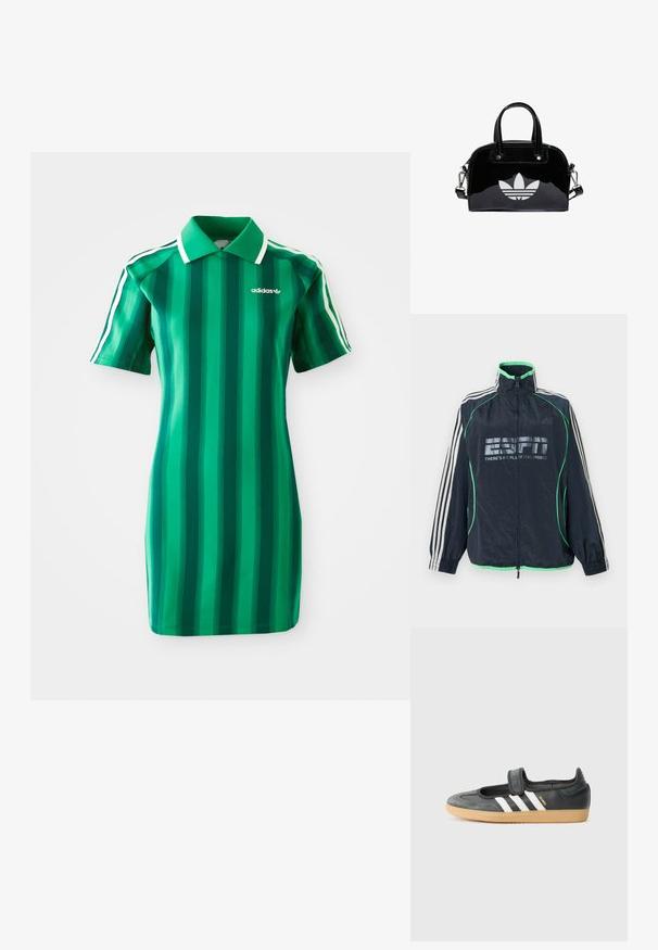Marineblauwe Adidas sportjas met groene afwerking, witte drie strepen op de mouwen, ritssluiting aan de voorkant en het logo "ESPN There's No Place Like Sports".; Groen gestreepte polokleed gemaakt van zachte stof. Voorzien van een kraag, korte mouwen en het witte Adidas-logo. Verticale strepen in verschillende tinten.; Zwarte leren en suède sneaker met een klittenbandsluiting, voorzien van drie witte strepen en een gumzool, met de naam "SAMBA" aan de zijkant.; Zwarte gepatenteerde leren handtas met een afgeronde vorm, dubbele handvaten bovenaan, zilveren accenten en een opvallend wit logo aan de voorkant.