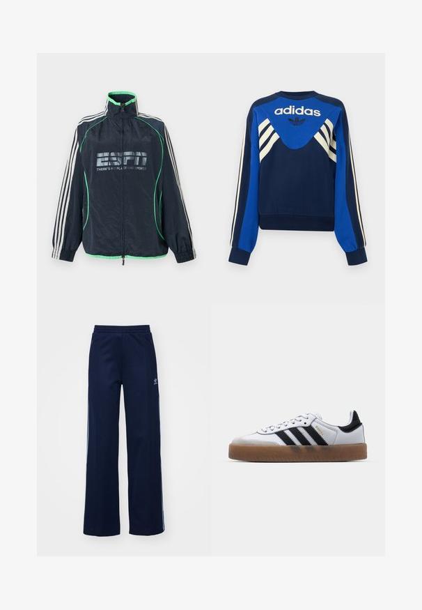 Chaqueta deportiva Adidas azul marino con ribete verde, tres rayas blancas en las mangas, cremallera frontal y logotipo "ESPN No hay lugar como el deporte".; Sudadera Adidas en azul marino y azul con rayas blancas en las mangas y el pecho, con el logo de Adidas y diseño de trébol en la parte delantera.; Pantalones de chándal de mezcla de algodón en color marino con diseño de pierna ancha, cinturilla elástica y bolsillos con cremallera, con franjas laterales blancas y detalle de logotipo.; Zapatillas de cuero blancas con rayas negras, suela de goma, puntera redonda, cierre de cordones y caperuza de ante gris suave.
