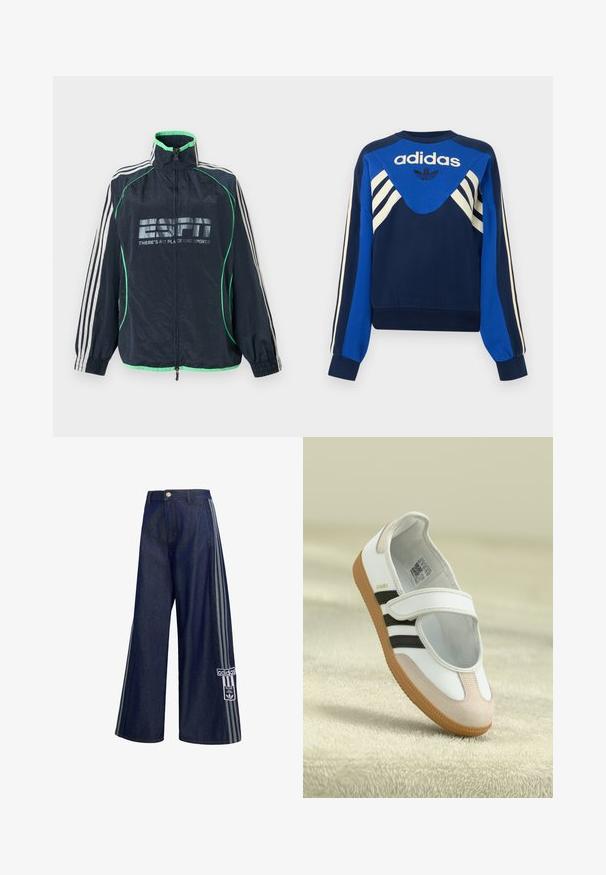 Marineblauwe Adidas sportjas met groene afwerking, witte drie strepen op de mouwen, ritssluiting aan de voorkant en het logo "ESPN There's No Place Like Sports".; Donkerblauwe en blauwe Adidas sweater met witte strepen op de mouwen en borst, met Adidas-logo en klaverbladontwerp aan de voorkant.; Donkerblauwe wijde spijkerbroek met grijze strepen aan de zijkanten, knoopsluiting, voorzakken en een Adidas-logo patch op het linkerbeen.; Witte schoen met een roze suède neus, zwarte strepen en een klittenbandsluiting. Heeft een tan rubberen zool en een logo aan de zijkant.