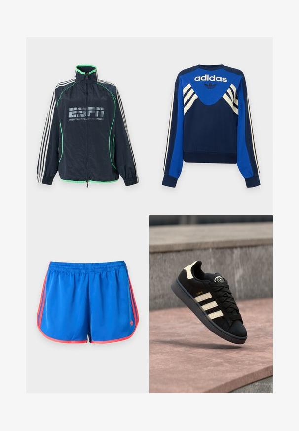 Αθλητικό μπουφάν Adidas σε ναυτικό μπλε με πράσινη επένδυση, λευκές τρεις ρίγες στα μανίκια, φερμουάρ μπροστά και λογότυπο «ESPN There's No Place Like Sports».; Ναυτικό και μπλε φούτερ Adidas με λευκές ρίγες στα μανίκια και το στήθος, με λογότυπο Adidas και σχέδιο τριφύλλι μπροστά.; Μπλε αθλητικό σορτς με κόκκινο περίγραμμα και ρίγες στο πλάι, με ελαστική ζώνη μέσης και μικρό λογότυπο Adidas στο μπροστινό δεξί πόδι.; Μαύρο σουέντ αθλητικό παπούτσι με τρεις μπεζ ρίγες, στρογγυλό λογότυπο στη γλώσσα, επίπεδα κορδόνια και επενδυμένη σόλα, με την ετικέτα "CAMPUS".