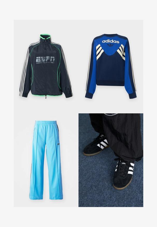 Tmavomodrá športová bunda Adidas so zeleným lemovaním, bielymi tromi pruhmi na rukávoch, predným zipsom a logom "ESPN There's No Place Like Sports".; Námornícka a modrá mikina Adidas s bielymi pásikmi na rukávoch a na hrudi, s logom Adidas a dizajnom trojlístka na prednej strane.; Svetlomodré športové nohavice s elastickým pásom, bočnými zipsami a čiernymi bočnými akcentmi. Mäkkučký materiál s voľným, širokým strihom.; Čierne roháčiky z semišu so tromi bielymi pruhmi a čiernymi šnúrkami. Texturované čierne nohavice sú čiastočne viditeľné vedľa topánok.