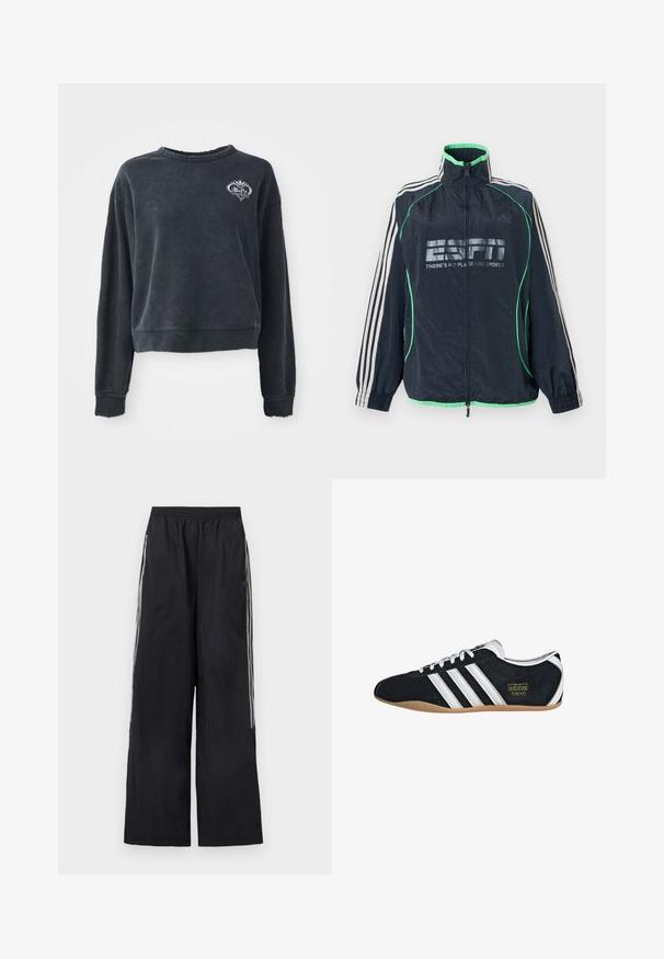 Marineblauwe Adidas sportjas met groene afwerking, witte drie strepen op de mouwen, ritssluiting aan de voorkant en het logo "ESPN There's No Place Like Sports".; Zwarte cropped sweatshirt van een zachte katoenmix, met een ronde halslijn, lange mouwen en geborduurd logo detail op de borst.; Zwarte, wijduitlopende trainingsbroek met elastische tailleband en drie witte strepen aan elke zijkant van de pijpen.; Zwarte suède sneaker met witte drie strepen, gouden logo en een bruine rubberen zool. Heeft een laag profiel vetersluiting ontwerp.