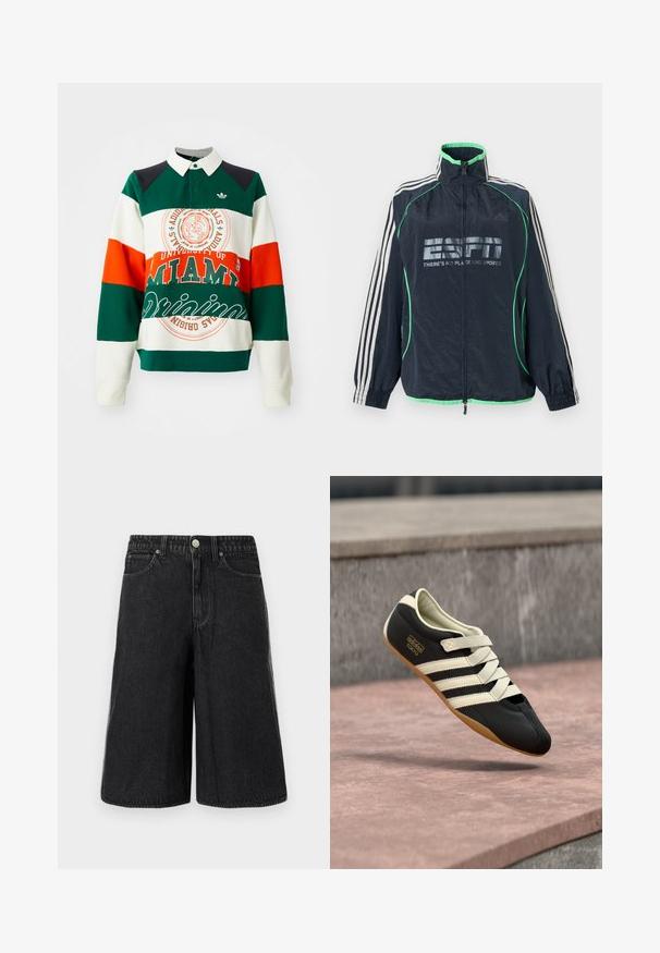 Marineblauwe Adidas sportjas met groene afwerking, witte drie strepen op de mouwen, ritssluiting aan de voorkant en het logo "ESPN There's No Place Like Sports".; Groene, witte en oranje gestreepte sweatshirt met een kraag. Bevat een logo en tekst van de Universiteit van Miami, en een Adidas trefoil-embleem.; Zwarte denim shorts met een losse pasvorm, voorzien van een ritssluiting, een knoopsluiting aan de voorkant en traditionele zakken, afgewerkt met rafelige zoom.; Zwart sportschoen met crèmekleurige strepen en veters, met een laag profiel, gladde textuur en een rubberen zool voor grip. Merkenlabel zichtbaar.