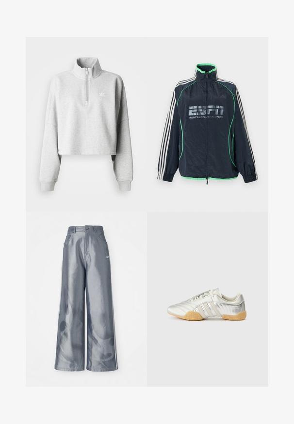 Marineblauwe Adidas sportjas met groene afwerking, witte drie strepen op de mouwen, ritssluiting aan de voorkant en het logo "ESPN There's No Place Like Sports".; Lichtgrijze cropped sweatshirt met een hoge kraag en een halve rits. Heeft losse mouwen en een klein wit logo op de borst. Gemaakt van een katoenmix.; Zijde-brede broek van glanzend grijs materiaal, met witte zijstreep en een vlampatroon op de onderbenen. Knopen- en ritssluiting in de taille.; Zilveren sportschoen met een glad leren bovenwerk, rubberen zool en gestructureerde accenten. Heeft een gebogen ontwerp en tonale veters.