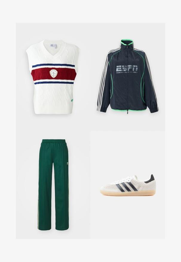 Marineblauwe Adidas sportjas met groene afwerking, witte drie strepen op de mouwen, ritssluiting aan de voorkant en het logo "ESPN There's No Place Like Sports".; Witte mouwloze vest met kabelgebreide textuur, voorzien van een rood en blauwe gestreepte band en een cirkelvormig logo. Ribgebreide halslijn en zoom.; Donkergroene sportbroek met een relaxte pasvorm, voorzien van een trekkoord in de taille, zijzakken en crèmekleurige strepen aan de zijkanten.; Witte sneakers van mesh met een zwart ontwerp van drie strepen, een ronde neus en een rubberen gumzool. Voorzien van een zachte hielkraag en een vetersluiting.