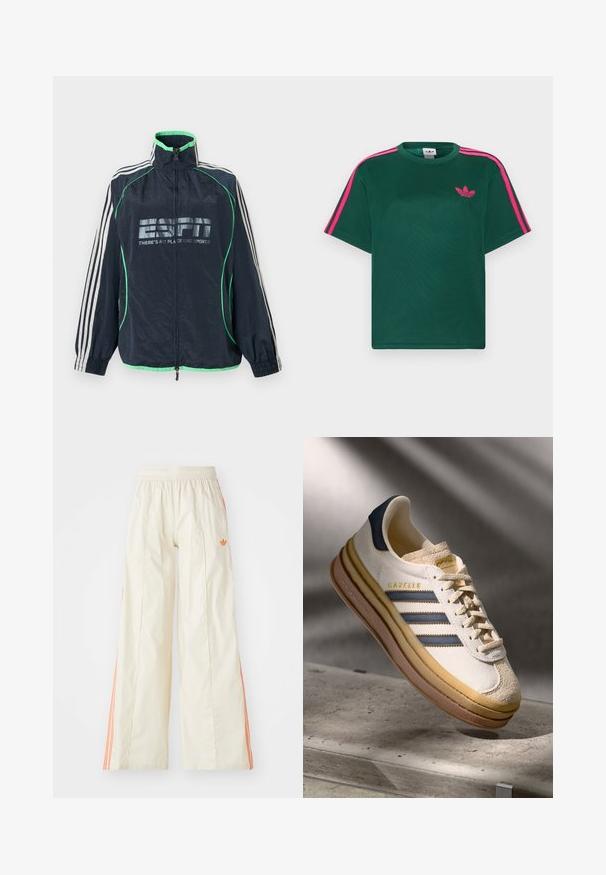 Marineblå Adidas sportjakke med grøn kant, hvide tre striber på ærmerne, lynlås foran og "ESPN There's No Place Like Sports" logo.; Grøn kortærmet t-shirt med lyserøde striber på skuldrene og Adidas trefoil-logo på brystet.; Cremefarvede bredde benbukser med elastisk talje, der har orange side-striber og et lille orange logo foran.; Adidas Gazelle sneaker med en creme farvet ruskindsoverdel, blå læderdetaljer, tre blå striber, beige mellemsål og brune gummisål.