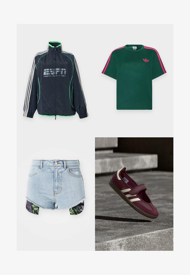 Αθλητικό μπουφάν Adidas σε ναυτικό μπλε με πράσινη επένδυση, λευκές τρεις ρίγες στα μανίκια, φερμουάρ μπροστά και λογότυπο «ESPN There's No Place Like Sports».; Πράσινο κοντομάνικο μπλουζάκι με φωτεινές ροζ ρίγες στους ώμους και λογότυπο Adidas trefoil στο στήθος.; Τζιν σορτς σε ανοιχτό μπλε, με σχισμένο τελείωμα και πολύχρωμο υφασμάτινο σχέδιο στα πλάγια με αστικά εικόνες και υφές.; Μπορντό αθλητικό παπούτσι με λουράκι, λευκές πλαϊνές ρίγες, υφασμένο καουτσούκ στην σόλα και λείο ανώτερο υλικό. Ρυθμιζόμενη εφαρμογή με μαξιλαρωμένο εσωτερικό.