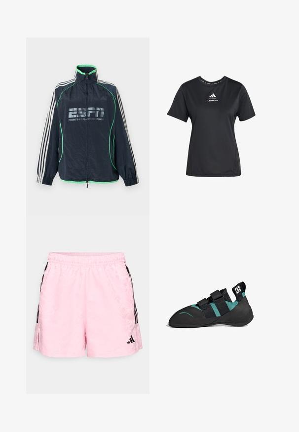 Merensininen Adidas urheilutakki vihreillä yksityiskohdilla, valkoiset kolmet raidat hihoissa, edessä vetoketju ja "ESPN There's No Place Like Sports" -logo.; Mustat lyhythihaiset urheilu t-paita, joka on valmistettu kosteutta siirtävästä kankaasta. Ominaisuuksiin kuuluu pyöreä pääntie, sekä logo rinnassa ja sivusaumoissa.; adidas Sportswear TIRO - Urheilushortsit - true pink/black; Musta kiipeilykenkä, jossa on terävä kärki, kaksinkertaiset Velcro-hihnat, smaragdinvihreät yksityiskohdat ja teksturoitu kumipohja pitoa varten.