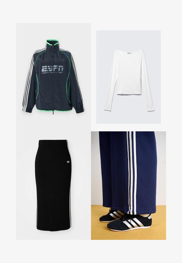 Meresinine Adidas spordijakk rohelise ääristuse ja valgete kolmetriipudega varrukatel, esikolmnurkne tõmblukk ning "ESPN There's No Place Like Sports" logo.; Valge pika varrukaga topp, millel on ristatud disain ja tasku. Valmistatud siledast ja venivast kangast. Lõige on kaunis ja lõdva sobivusega.; Must have ribidega midi seelik, millel on hästi liibuv disain, valgete külgtriipude ja väikese valge embleemiga vasakul küljel.; Tumesinised spordipüksid kolme valge vertikaalse triibuga ja mustad športlikud kingad hõbedaste triipudega ning tekstuuriga pinnaga. Kollane põrand.