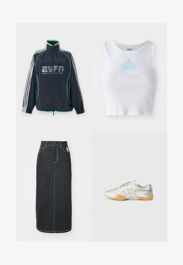 Meresinine Adidas spordijakk rohelise ääristuse ja valgete kolmetriipudega varrukatel, esikolmnurkne tõmblukk ning "ESPN There's No Place Like Sports" logo.; Valge ribav koekahvel, millel on ümmargune kaelus ja kerge sinine "OBEY" logo rinna kohal. sile tekstuur ja keha lähedane disain.; Mustmust värvi midi seelik valgete vertikaalsete triipudega. Omab nupukujulist vööd, kahte esikotti ja kontrastset õmblust. Sirge lõikega disain.; Hõbedane spordijalats, millel on siledast nahast pealmine osa, kummist tallad ja tekstuuriga detailid. Omadused hõlmavad kõverdatud kujundust ja toonitoonilisi paelu.