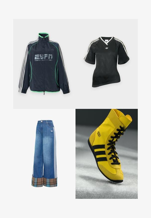 Marineblauwe Adidas sportjas met groene afwerking, witte drie strepen op de mouwen, ritssluiting aan de voorkant en het logo "ESPN There's No Place Like Sports".; Zwart sportshirt met V-hals, korte mouwen en een textuur met een chevronpatroon. Voorzien van witte drie-strepen accenten op de schouders en een logo.; Wijd uitlopende spijkerbroek in lichtblauw, met witte zijstrepen en een bruine geruite omslag. Gemaakt van een zachte, gestructureerde stof.; Hoge sneakers van gele synthetische materialen, met zwarte veters, drie zwarte strepen en branding op de zijkant. Gekreukt rubberen zool.