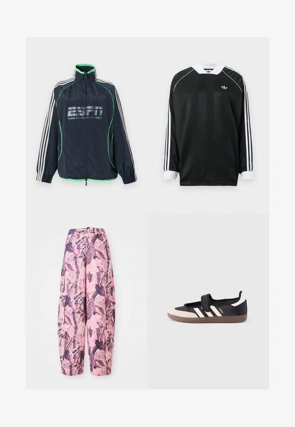 Marineblå Adidas sportjakke med grøn kant, hvide tre striber på ærmerne, lynlås foran og "ESPN There's No Place Like Sports" logo.; Sort langærmet skjorte med V-hals, med vertikale striber, hvide detaljer og tre hvide striber på hver ærme. Lille logo på brystet.; Lyserøde og lilla mønstrede vide bukser har et blad- og grenmønster, med høj talje og sidelommer for ekstra funktionalitet.; Sort og beige sko med velcrolukning, tre hvide striber på siden og en tekstureret brun gummisål. Mærkelogo er synligt.