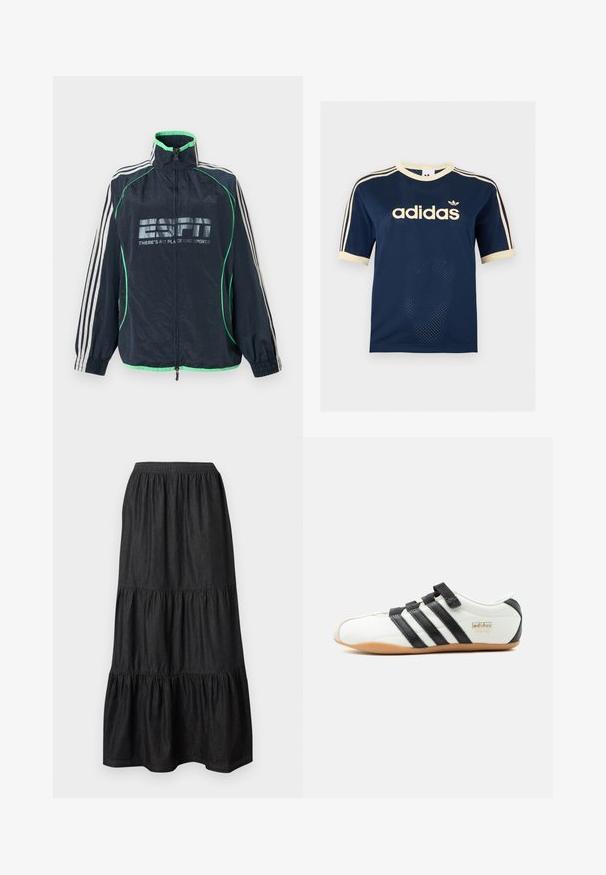 Αθλητικό μπουφάν Adidas σε ναυτικό μπλε με πράσινη επένδυση, λευκές τρεις ρίγες στα μανίκια, φερμουάρ μπροστά και λογότυπο «ESPN There's No Place Like Sports».; Μπλε ναυτικό κοντομάνικο μπλουζάκι Adidas από δίχτυ με κρεμ λεπτομέρειες, τρεις κρεμ ρίγες στα μανίκια και το λογότυπο Adidas στο στήθος.; Μαύρη μακριά φούστα με στρώσεις, με ελαστική μέση και μαζεμένα υφασμάτινα πάνελ, εμφανίζεται επίπεδη σε ανοιχτό φόντο.; Λευκό sneaker Adidas Tokyo με μαύρες ρίγες, μαύρες λουράκια βέλκρο και σόλα από καουτσούκ, εμφανιζόμενο από το πλάι σε λευκό φόντο.