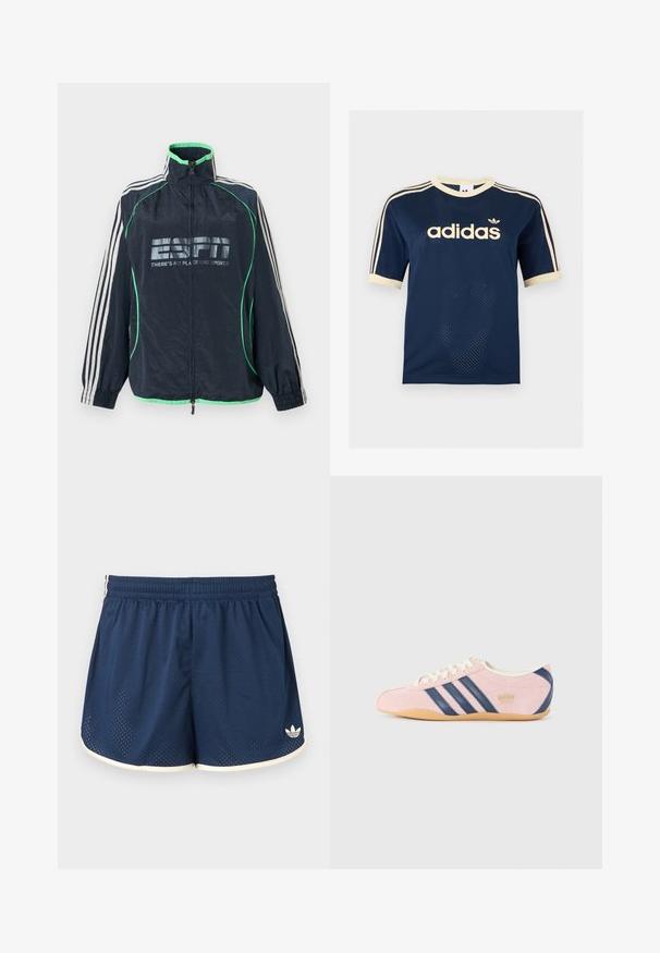 Veste de sport Adidas bleu marine avec bordure verte, trois bandes blanches sur les manches, fermeture éclair à l'avant, et logo "ESPN There's No Place Like Sports".; T-shirt à manches courtes en mesh bleu marine Adidas avec bordure crème, trois bandes crème sur les manches et logo Adidas sur la poitrine.; Short de sport bleu marine avec taille élastique, bordure blanche, tissu mesh respirant et logo Adidas sur la jambe inférieure droite.; Baskets rose clair en daim avec des rayures et des accents bleu marine. Présentent une languette et des lacets crème léger, avec une semelle en caoutchouc gomme.