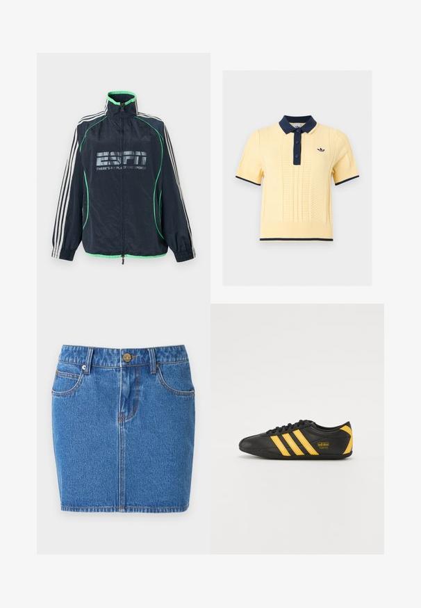 Marineblauwe Adidas sportjas met groene afwerking, witte drie strepen op de mouwen, ritssluiting aan de voorkant en het logo "ESPN There's No Place Like Sports".; Geel gebreide polo met korte mouwen, een navy kraag, knoopsluiting, manchetten, zoomafwerking en een klein geborduurd logo op de borst.; Blauwe denim mini-rok met voorzakken, riemlussen en een metalen knoopsluiting met een klein logodetail.; Zwarte leren sportschoen met geel drie-strepen ontwerp, ronde neus, zwarte veters en klein logo aan de zijkant. Laag profiel silhouet.
