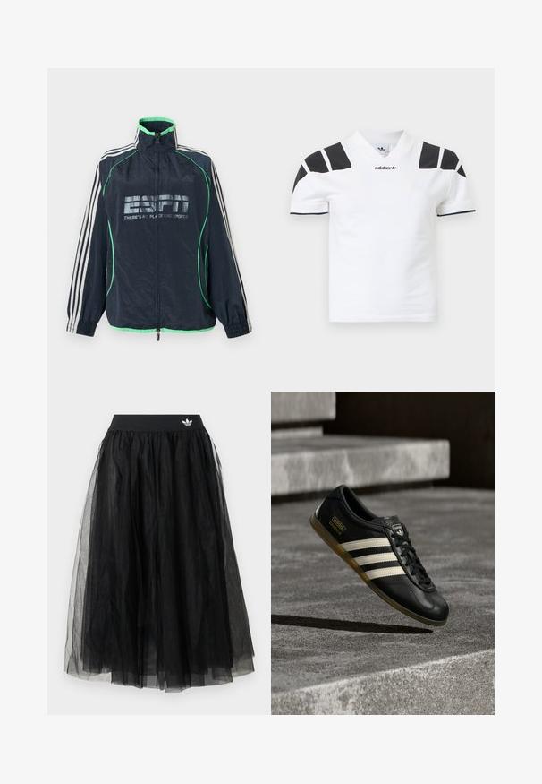 Marineblå Adidas sportjakke med grøn kant, hvide tre striber på ærmerne, lynlås foran og "ESPN There's No Place Like Sports" logo.; Hvid kortærmet skjorte med sorte detaljer på skuldre og krave. Har en V-hals og Adidas-logo foran. Fremstillet af bomuld.; Sort tylskørt med bred elastisk linning med hvidt logo. Skørtet har et lagdelt design, der skaber en voluminøs form.; Sort lædersneaker med hvidt trestribet design, teksturerede detaljer, sorte snørebånd og en gum-sål. Brandlogo synligt på tungen.
